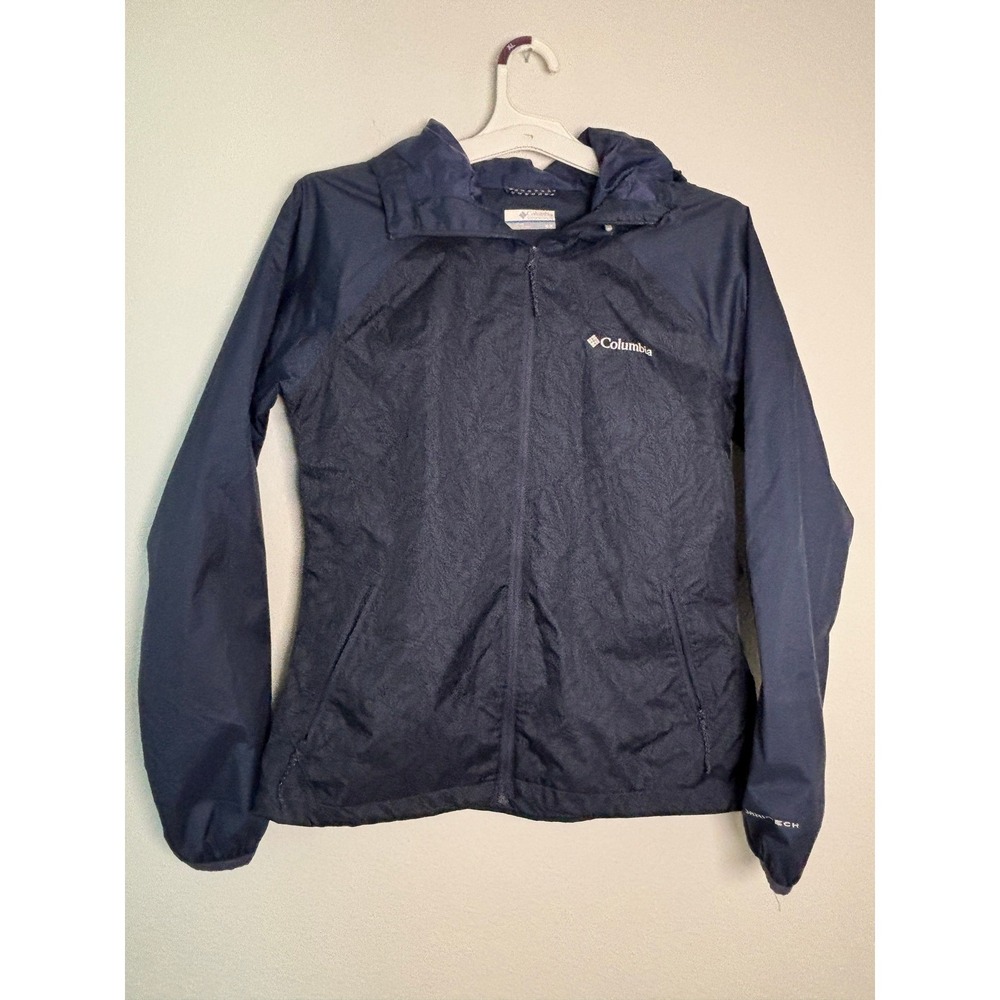 Columbia Womens Omni-Tech Hooded Windbreaker Jacket Navy Blue Leaf‎ Pattern Med